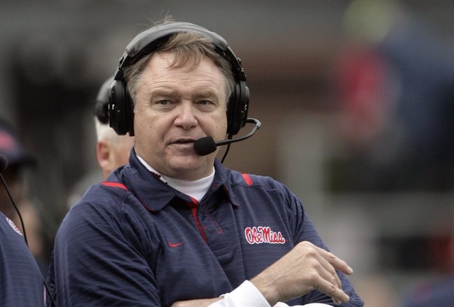 OXFORD, MS - OCTOBER 10:  Coach Houston Nutt of the Mississippi Rebels watches from the sidelines in their game against the Alabama Crimson Tide during their college football game at Vaught-Hemingway Stadium on October 10, 2009 in Oxford, Mississippi.  (Photo by Dave Martin/Getty Images)