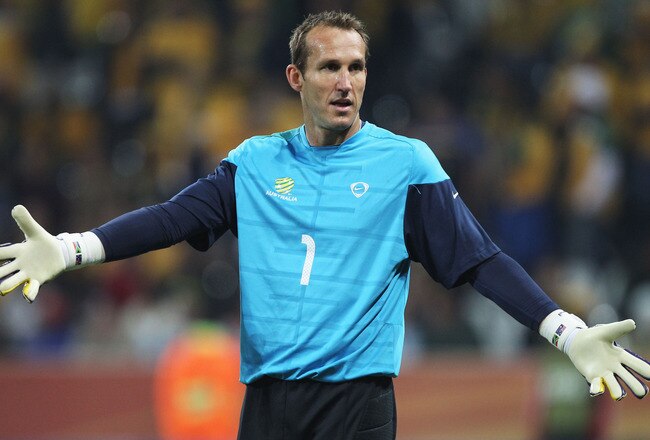 NELSPRUIT, SOUTH AFRICA - JUNE 23:  Mark Schwarzer of Australia gestures during the warm up ahead of the 2010 FIFA World Cup South Africa Group D match between Australia and Serbia at Mbombela Stadium on June 23, 2010 in Nelspruit, South Africa.  (Photo by Streeter Lecka/Getty Images)