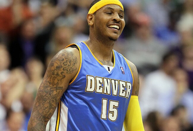 SALT LAKE CITY - APRIL 25:  Carmelo Anthony #15 of the Denver Nuggets is pictured after being called for a foul against the Utah Jazz during  Game Four of the Western Conference Quarterfinals of the 2010 NBA Playoffs at EnergySolutions Arena on April 25, 2010 in Salt Lake City, Utah. NOTE TO USER: User expressly acknowledges and agrees that, by downloading and or using this photograph, User is consenting to the terms and conditions of the Getty Images License Agreement.  (Photo by Andy Lyons/Getty Images)