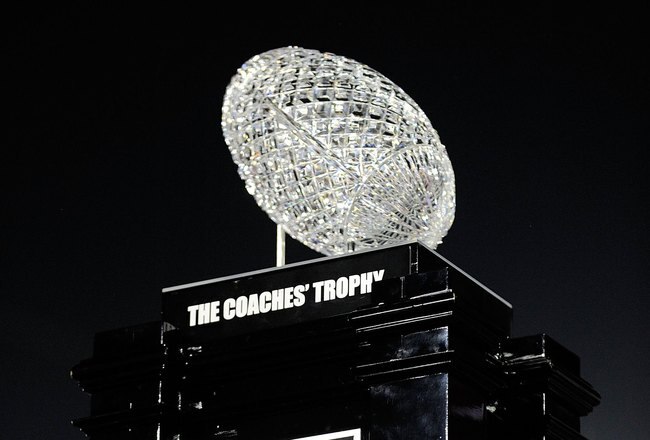 PASADENA, CA - JANUARY 07:  The BCS National Championship trophy which was won by the Alabama Crimson Tide after winning the Citi BCS National Championship game over the Texas Longhorns at the Rose Bowl on January 7, 2010 in Pasadena, California. The Crimson Tide defeated the Longhorns 37-21.  (Photo by Kevork Djansezian/Getty Images)