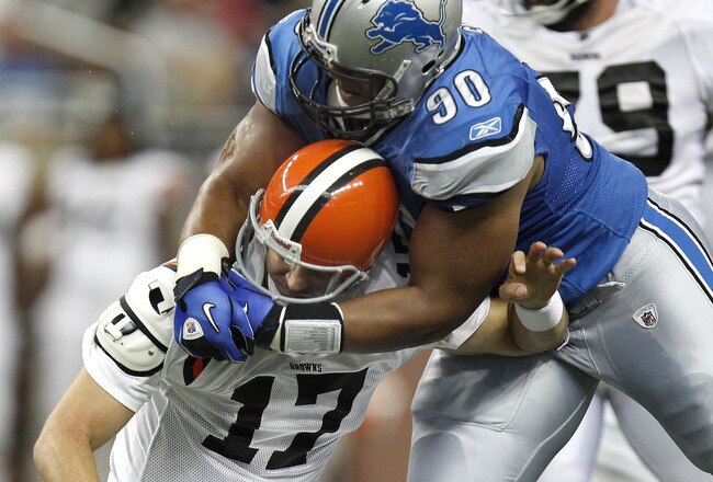 DETROIT - AUGUST 28:  Ndamukong Suh #90 of the Detroit Lions tackles Jake Delhomme #17 of the Cleveland Browns during a preseason game on August 28, 2010 at Ford Field in Detroit, Michigan. Suh was called for a personal foul on the play for grabbing the face mask. (Photo by Gregory Shamus/Getty Images)