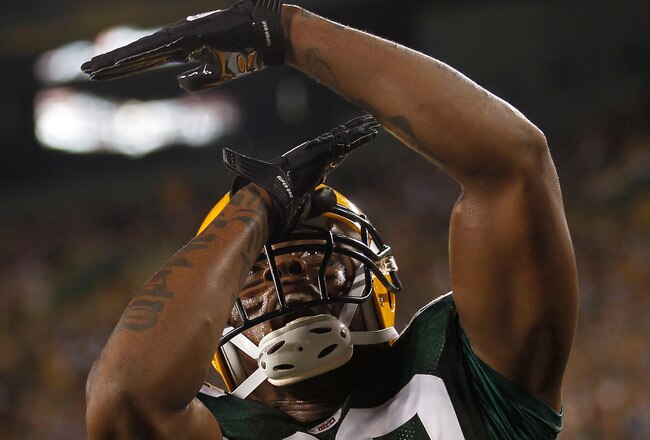 GREEN BAY, WI - AUGUST 26: Jermichael Finley #88 of the Green Bay Packers celebrates a touchdown catch against the Indianapolis Colts during a preseason game at Lambeau Field on August 26, 2010 in Green Bay, Wisconsin. The Packers defeated the Colts 59-24. (Photo by Jonathan Daniel/Getty Images)