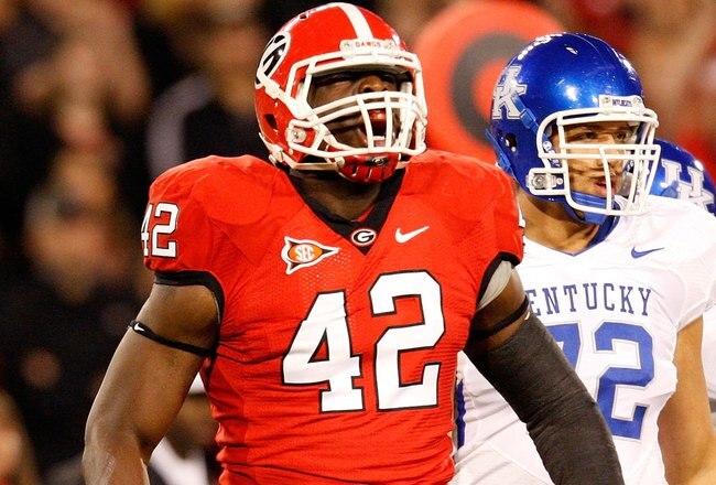 ATHENS, GA - NOVEMBER 21:  Justin Houston #42 of the Georgia Bulldogs against the Kentucky Wildcats at Sanford Stadium on November 21, 2009 in Athens, Georgia.  (Photo by Kevin C. Cox/Getty Images)