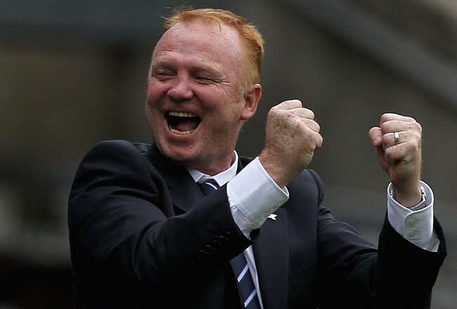 BIRMINGHAM, ENGLAND - AUGUST 21:  Alex McLeish manager of Birmingham celebrates his team's second goal during the Barclays Premier League match between Birmingham City and Blackburn Rovers at St Andrew's Stadium on August 21, 2010 in Birmingham, England.  (Photo by Hamish Blair/Getty Images)