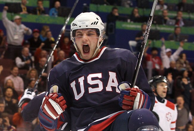 VANCOUVER, BC - FEBRUARY 16:  Bobby Ryan of The United States celebrates after he scored the first goal during the ice hockey men's preliminary game between USA and Switzerland on day 5 of the Vancouver 2010 Winter Olympics at Canada Hockey Place on February 16, 2010 in Vancouver, Canada.  (Photo by Bruce Bennett/Getty Images)