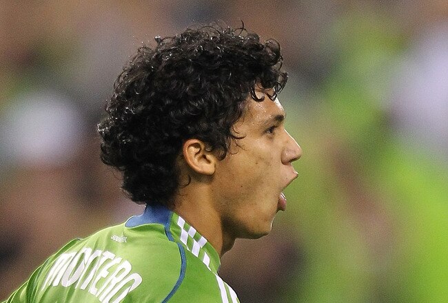 SEATTLE - AUGUST 28:  Fredy Montero #17 of the Seattle Sounders FC pumps his fist after scoring in the first half against the Chicago Fire on August 28, 2010 at Qwest Field in Seattle, Washington.  (Photo by Otto Greule Jr/Getty Images)