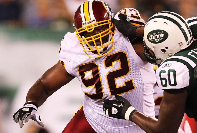 EAST RUTHERFORD, NJ - AUGUST 27:  Albert Haynesworth #92 of the Washington Redskins  in action against the New York Jets during their preseason game on August 27, 2010 at the New Meadowlands Stadium  in East Rutherford, New Jersey.  (Photo by Al Bello/Getty Images)