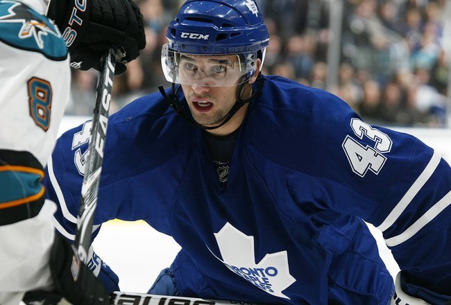 TORONTO, ON - FEBRUARY 8:  Nazem Kadri #43 of the Toronto Maple Leafs gets set to take a faceoff in a game against the San Jose Sharks on February 8, 2010 at the Air Canada Centre in Toronto, Ontario. The Sharks defeated the Leafs 3-2. (Photo by Claus Andersen/Getty Images)