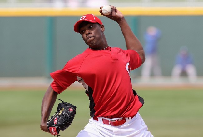 GOODYEAR, AZ - MARCH 08:  Relief pitcher Aroldis Chapman #54 of the Cincinnati Reds pitches against the Kansas City Royals during the MLB spring training game at Goodyear Ballpark on March 8, 2010 in Goodyear, Arizona.  The Reds defeated the Royals 14-5.  (Photo by Christian Petersen/Getty Images)