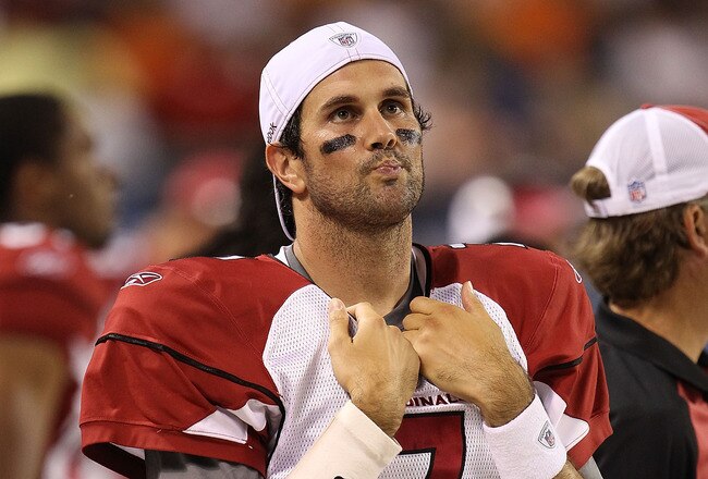 CHICAGO - AUGUST 28: Matt Leinart #7 of the Arizona Cardinals walks in the bench area during a preseason game against the Chicago Bears at Soldier Field on August 28, 2010 in Chicago, Illinois. The Cardinals defeated the Bears 14-9. (Photo by Jonathan Daniel/Getty Images)
