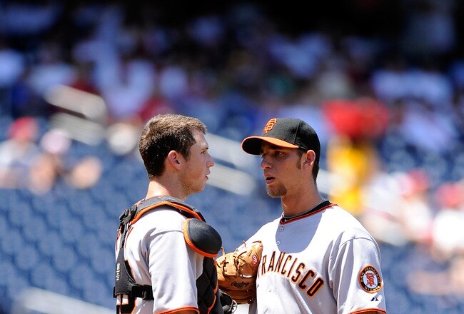 WASHINGTON - JULY 11:  Buster Posey #28 and Madison Bumgarner #40 of the San Francisco Giants talk during the game against the Washington Nationals at Nationals Park on July 11, 2010 in Washington, DC.  (Photo by Greg Fiume/Getty Images)