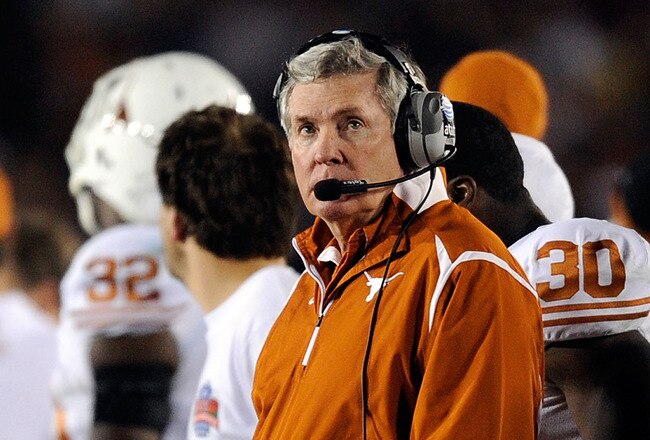 PASADENA, CA - JANUARY 07:  Head Coach Mack Brown of the Texas Longhorns looks on from the sidelines during the Citi BCS National Championship game against the Alabama Crimson Tide at the Rose Bowl on January 7, 2010 in Pasadena, California.  (Photo by Kevork Djansezian/Getty Images)