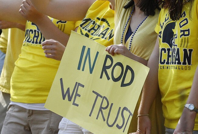 ANN ARBOR, MI - SEPTEMBER 05:  A fan in the student section holds up a sign supporting head coach Rich Rodriguez during a game between the Western Michigan Broncos and the Michigan Wolverines on September 5, 2009 at Michigan Stadium in Ann Arbor, Michigan. Michigan won the game 31-7.  (Photo by Gregory Shamus/Getty Images)