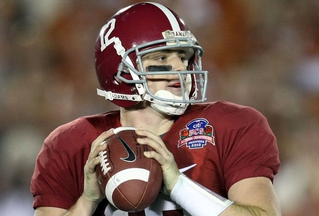 PASADENA, CA - JANUARY 07:  Quarterback Greg McElroy #12 of the Alabama Crimson Tide throws the ball against the Texas Longhorns in the second half of the Citi BCS National Championship game at the Rose Bowl on January 7, 2010 in Pasadena, California.  (Photo by Stephen Dunn/Getty Images)