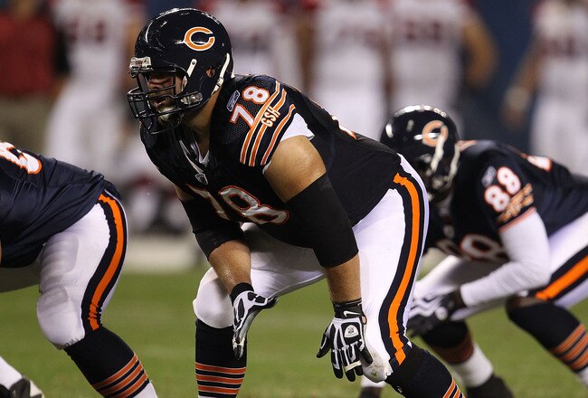 CHICAGO - AUGUST 28: Kevin Shaffer #78 of the Chicago Bears awaits the start of play against the Arizona Cardinals during a preseason game at Soldier Field on August 28, 2010 in Chicago, Illinois. The Cardinals defeated the Bears 14-9. (Photo by Jonathan Daniel/Getty Images)