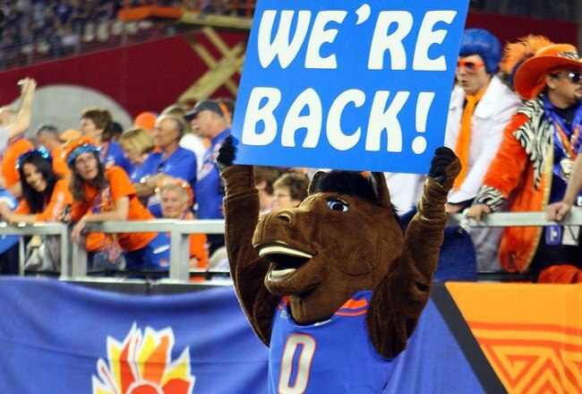 GLENDALE, AZ - JANUARY 04:  The Boise State Broncos mascot performs against the TCU Horned Frogs during the Tostitos Fiesta Bowl at the Universtity of Phoenix Stadium on January 4, 2010 in Glendale, Arizona.  (Photo by Christian Petersen/Getty Images)