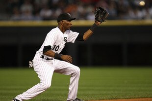 CHICAGO - AUGUST 25: Alexei Ramirez #10 of the Chicago White Sox snags a line drive hit by Josh Bell of the Baltimore Orioles at U.S. Cellular Field on August 25, 2010 in Chicago, Illinois. (Photo by Jonathan Daniel/Getty Images)