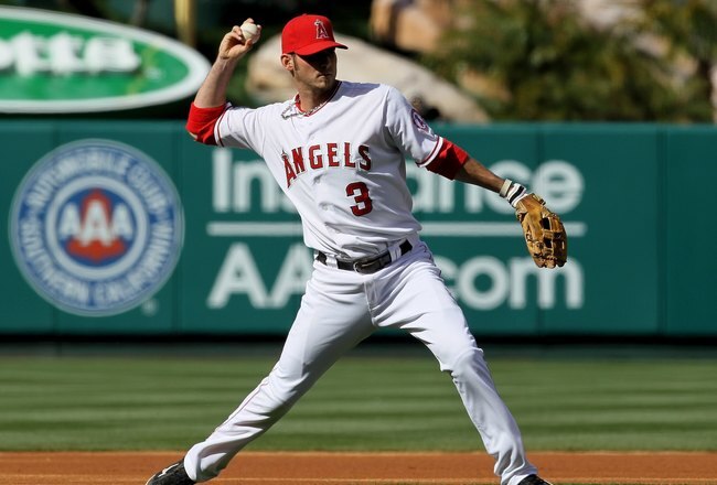ANAHEIM, CA - APRIL 28:  Third baseman Brandon Wood #3 of the Los Angeles Angels of Anaheim throws to first in the game against the Cleveland Indians on April 28, 2010 at Angel Stadium in Anaheim, California.  The Angels won 4-3.  (Photo by Stephen Dunn/Getty Images)