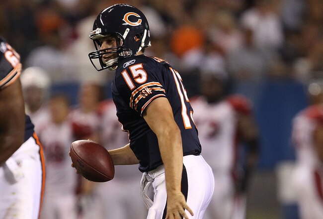 CHICAGO - AUGUST 28: Dan LeFevour #15 of the Chicago Bears runs for a first down against the Arizona Cardinals during a preseason game at Soldier Field on August 28, 2010 in Chicago, Illinois. The Cardinals defeated the Bears 14-9. (Photo by Jonathan Daniel/Getty Images)