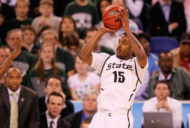 INDIANAPOLIS - APRIL 03:  Durrell Summers #15 of the Michigan State Spartans shoots the ball against the Butler Bulldogs during the National Semifinal game of the 2010 NCAA Division I Men's Basketball Championship on April 3, 2010 in Indianapolis, Indiana.  (Photo by Kevin C. Cox/Getty Images)