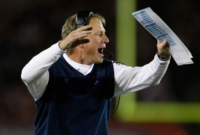 LOS ANGELES, CA - NOVEMBER 28:  UCLA Bruins head coach Rick Neuheisel reacts to a call in the second half against the USC Trojans at the Los Angeles Memorial Coliseum on November 28, 2009 in Los Angeles, California. USC defeated UCLA 28-7.  (Photo by Jeff Gross/Getty Images)