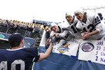ORLANDO, FL - JANUARY 1: Andrew Pitz #40 of the Penn State Nittany Lions celebrates with fans following the 2010 Capital One Bowl against the LSU Tigers at the Florida Citrus Bowl Stadium on January 1, 2010 in Orlando, Florida. Penn State won 19-17. (Photo by Joe Robbins/Getty Images)