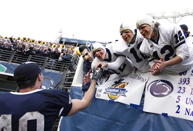 ORLANDO, FL - JANUARY 1: Andrew Pitz #40 of the Penn State Nittany Lions celebrates with fans following the 2010 Capital One Bowl against the LSU Tigers at the Florida Citrus Bowl Stadium on January 1, 2010 in Orlando, Florida. Penn State won 19-17. (Photo by Joe Robbins/Getty Images)