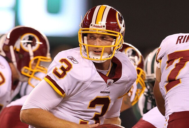 EAST RUTHERFORD, NJ - AUGUST 27:  John Beck #3 of the Washington Redskins  in action against  the New York Jets during their preseason game on August 27, 2010 at the New Meadowlands Stadium  in East Rutherford, New Jersey.  (Photo by Al Bello/Getty Images)