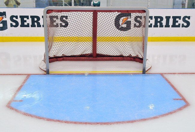 TORONTO, ON - AUGUST 18:  The NHL tested several new rule adjustments, including a bigger crease and a yellow goal verification line during the 2010 NHL Research, Development and Orientation Camp at the Mastercard Center on August 18, 2010 in Toronto, Canada.  (Photo by Matthew Manor/Getty Images)