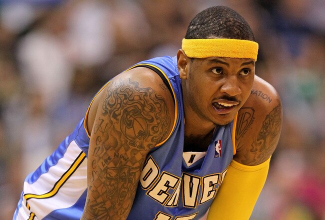 SALT LAKE CITY - APRIL 25:  Carmelo Anthony #15 of the Denver Nuggets is pictured after being called for a foul against the Utah Jazz during  Game Four of the Western Conference Quarterfinals of the 2010 NBA Playoffs at EnergySolutions Arena on April 25, 2010 in Salt Lake City, Utah. NOTE TO USER: User expressly acknowledges and agrees that, by downloading and or using this photograph, User is consenting to the terms and conditions of the Getty Images License Agreement.  (Photo by Andy Lyons/Getty Images)