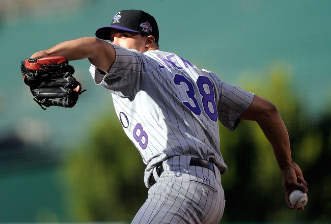 ANAHEIM, CA - JULY 13:  National League All-Star Ubaldo Jimenez #38 of the Colorado Rockies throws a pitch during the 81st MLB All-Star Game at Angel Stadium of Anaheim on July 13, 2010 in Anaheim, California.  (Photo by Pool/Getty Images)
