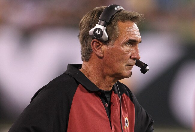 EAST RUTHERFORD, NJ - AUGUST 27:  Mike Shanahan, Head Coach of the Washington Redskins  looks on during their preseason game against the New York Jets on August 27, 2010 at the New Meadowlands Stadium  in East Rutherford, New Jersey.  (Photo by Al Bello/Getty Images)