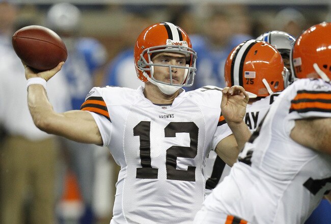 DETROIT - AUGUST 28: Colt McCoy #12 of the Cleveland Browns throws a fourth quarter pass while playing the Detroit Lions in a preseason game on August 28, 2010 at Ford Field in Detroit, Michigan.  (Photo by Gregory Shamus/Getty Images)
