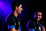 SYDNEY, AUSTRALIA - JULY 08: Mikel Arteta and Tim Cahill address the audience at the Everton Gala Dinner charity fundraiser in support of the Tim Cahill Cancer Fund for Children at Rooty Hill RSL on July 8, 2010 in Sydney, Australia.  (Photo by Brendon Thorne/Getty Images)