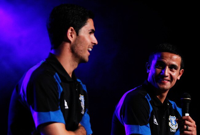 SYDNEY, AUSTRALIA - JULY 08: Mikel Arteta and Tim Cahill address the audience at the Everton Gala Dinner charity fundraiser in support of the Tim Cahill Cancer Fund for Children at Rooty Hill RSL on July 8, 2010 in Sydney, Australia.  (Photo by Brendon Thorne/Getty Images)