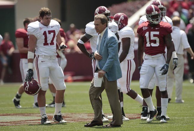 TUSCALOOSA, AL - APRIL 17:  Coach Nick Saban of the Alabama Crimson Tide watches during the Alabama spring game at Bryant Denny Stadium on April 17, 2010 in Tuscaloosa, Alabama. (Photo by Dave Martin/Getty Images)