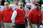 PASADENA, CA - JANUARY 01:  Head coach Jim Tressel of the Ohio State Buckeyes is seen during the 96th Rose Bowl game against the Oregon Ducks on January 1, 2010 in Pasadena, California.  (Photo by Kevork Djansezian/Getty Images)