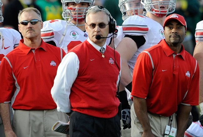 PASADENA, CA - JANUARY 01:  Head coach Jim Tressel of the Ohio State Buckeyes is seen during the 96th Rose Bowl game against the Oregon Ducks on January 1, 2010 in Pasadena, California.  (Photo by Kevork Djansezian/Getty Images)
