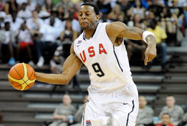 LAS VEGAS - JULY 24:  Andre Iguodala #9 of the 2010 USA Basketball Men's National Team looks to pass during a USA Basketball showcase at the Thomas & Mack Center July 24, 2010 in Las Vegas, Nevada.  (Photo by Ethan Miller/Getty Images)