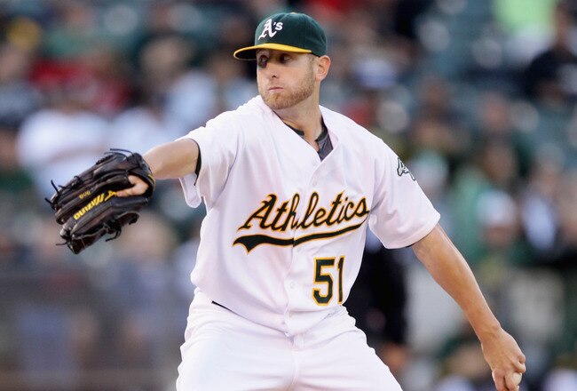 OAKLAND, CA - AUGUST 06:  Dallas Braden #51 of the Oakland Athletics pitches against the Texas Rangers at the Oakland-Alameda County Coliseum on August 6, 2010 in Oakland, California.  (Photo by Ezra Shaw/Getty Images)