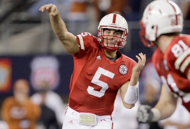 ARLINGTON, TX - DECEMBER 5: Eric Hagg #28 of the Nebraska Cornhuskers catches the ball for an interception in the first quarter against the Texas Longhorns at Cowboys Stadium on December 5, 2009 in Arlington, Texas. (Photo by Jamie Squire/Getty Images)
