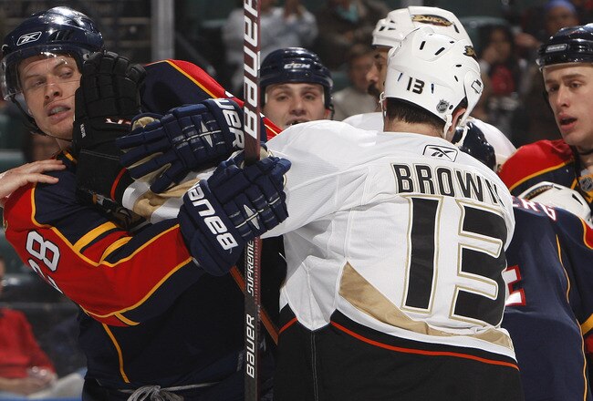 SUNRISE, FL - FEBRUARY 1: Kamil Kreps #28 of the Florida Panthers and Mike Brown #13 of the Anaheim Ducks battle in front of the net on February 1, 2010 at the BankAtlantic Center in Sunrise, Florida. (Photo by Joel Auerbach/Getty Images)
