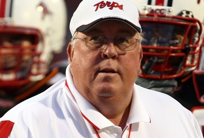 COLLEGE PARK, MD - SEPTEMBER 13:  Head coach Ralph Friedgen of the Maryland Terrapins watches player warm-ups prior to the game against the West Virginia Mountaineers on September 13, 2007 at Byrd Stadium in College Park, Maryland.  (Photo by Jamie Squire/Getty Images)