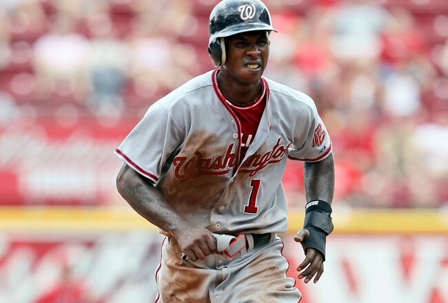 CINCINNATI - JULY 22:  Nyjer Morgan #1 of the Washington Nationals runs to third base during the game against the Cincinnati Reds at Great American Ball Park on July 22, 2010 in Cincinnati, Ohio.  (Photo by Andy Lyons/Getty Images)