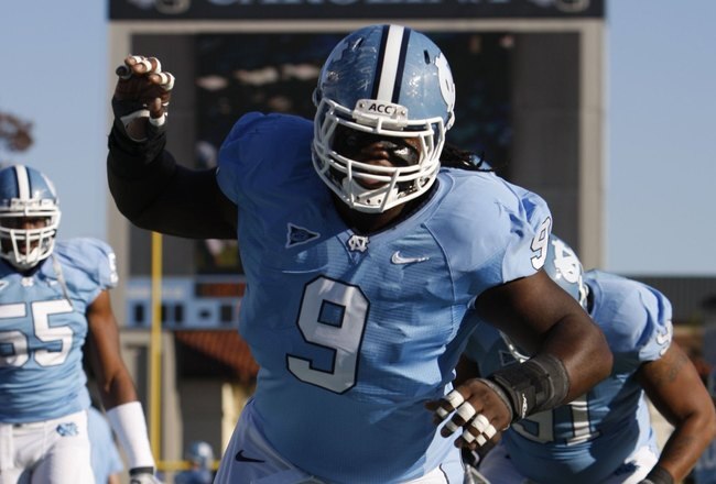 CHAPEL HILL, NC - NOVEMBER 7:  Marvin Austin #9 of the North Carolina Tar Heels warms up before the game against the Duke Blue Devils at Kenan Stadium on November 7, 2009 in Chapel Hill, North Carolina. (Photo by Streeter Lecka/Getty Images)