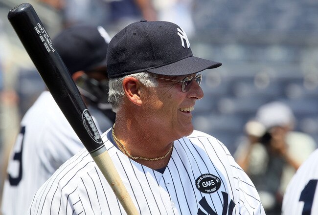 NEW YORK - JULY 17:  Former New York Yankee Bucky Dent warms up before the teams 64th Old-Timer's Day before the MLB game against the Tampa Bay Rays on July 17, 2010 at Yankee Stadium in the Bronx borough of New York City.  (Photo by Jim McIsaac/Getty Images)