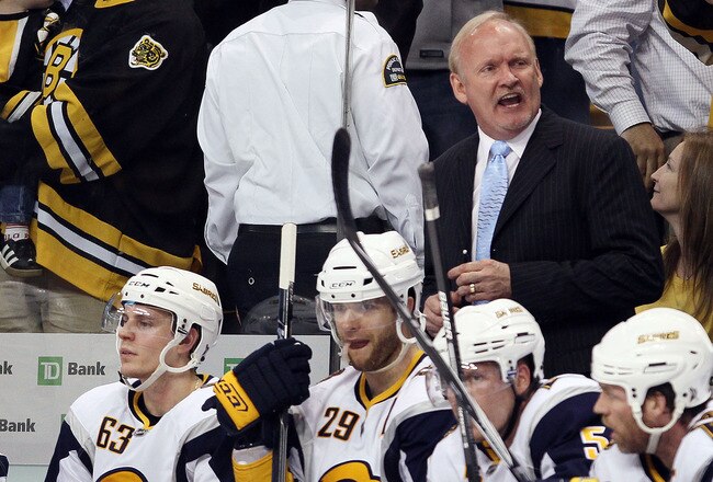 BOSTON - APRIL 21:  Head coach Lindy Ruff of the Buffalo Sabres reacts after a penalty is called against his team in the second overtime against the Boston Bruins in Game Four of the Eastern Conference Quarterfinals during the 2010 NHL Stanley Cup Playoffs at TD Garden on April 21, 2010 in Boston, Massachusetts. The Bruins defeated the Sabres 3-2 in double overtime.   (Photo by Elsa/Getty Images)