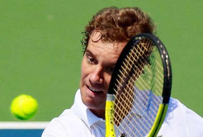 CINCINNATI - AUGUST 19:  Richard Gasquet of France returns a backhand to Mardy Fish during Day 4 of the Western & Southern Financial Group Masters at the Lindner Family Tennis Center on August 19, 2010 in Cincinnati, Ohio.  (Photo by Kevin C. Cox/Getty Images)