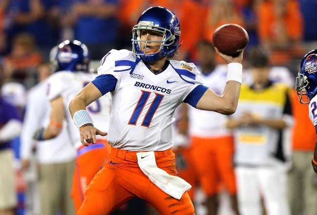 GLENDALE, AZ - JANUARY 04:  Quarterback Kellen Moore #11 of the Boise State Broncos passes the ball against the TCU Horned Frogs during the Tostitos Fiesta Bowl at the Universtity of Phoenix Stadium on January 4, 2010 in Glendale, Arizona.  (Photo by Jed Jacobsohn/Getty Images)