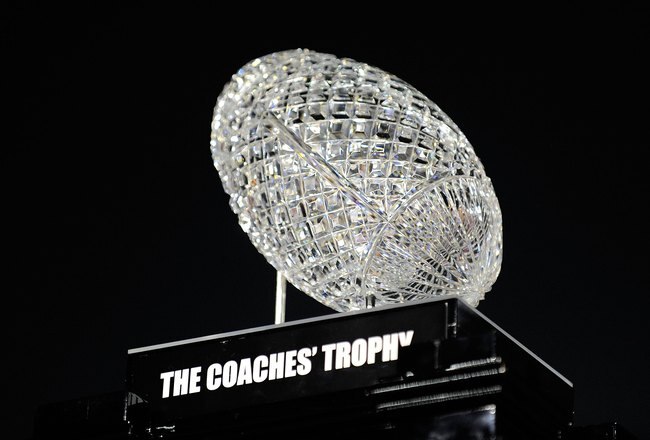 PASADENA, CA - JANUARY 07:  The BCS National Championship trophy which was won by the Alabama Crimson Tide after winning the Citi BCS National Championship game over the Texas Longhorns at the Rose Bowl on January 7, 2010 in Pasadena, California. The Crimson Tide defeated the Longhorns 37-21.  (Photo by Kevork Djansezian/Getty Images)
